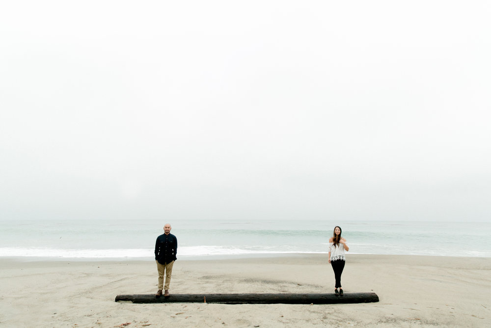 Two people standing on a log on the beach.