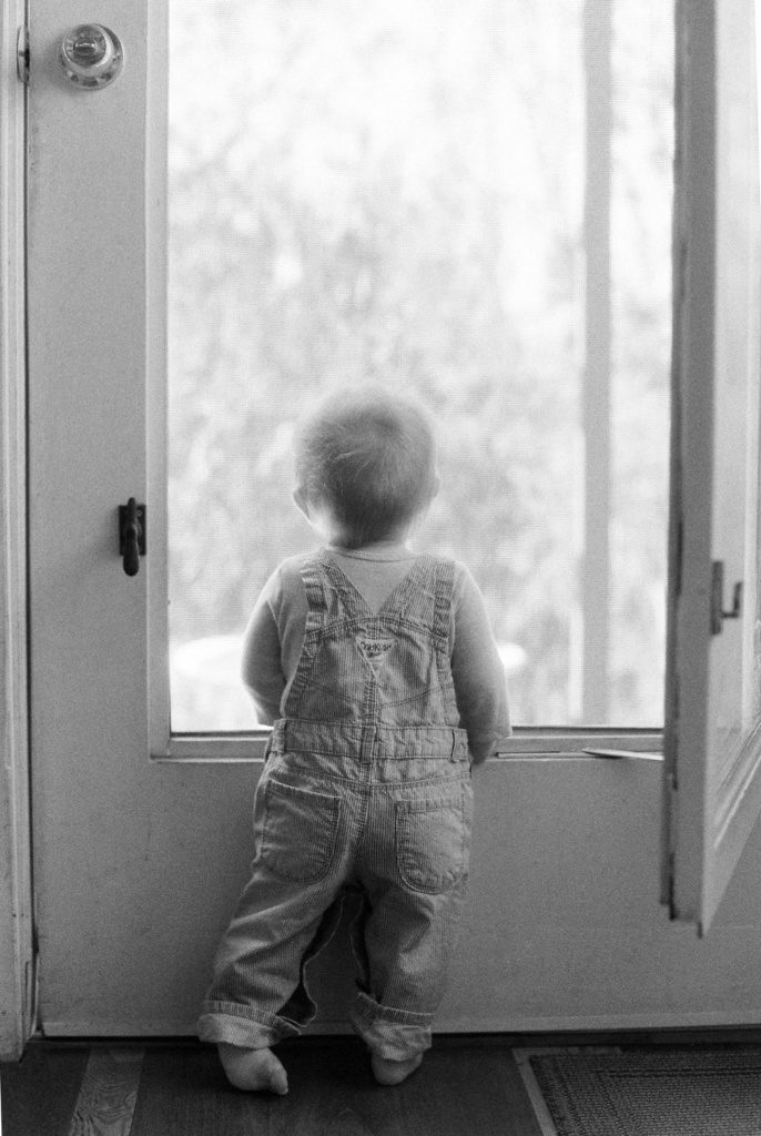 yound boy in overalls looking out window