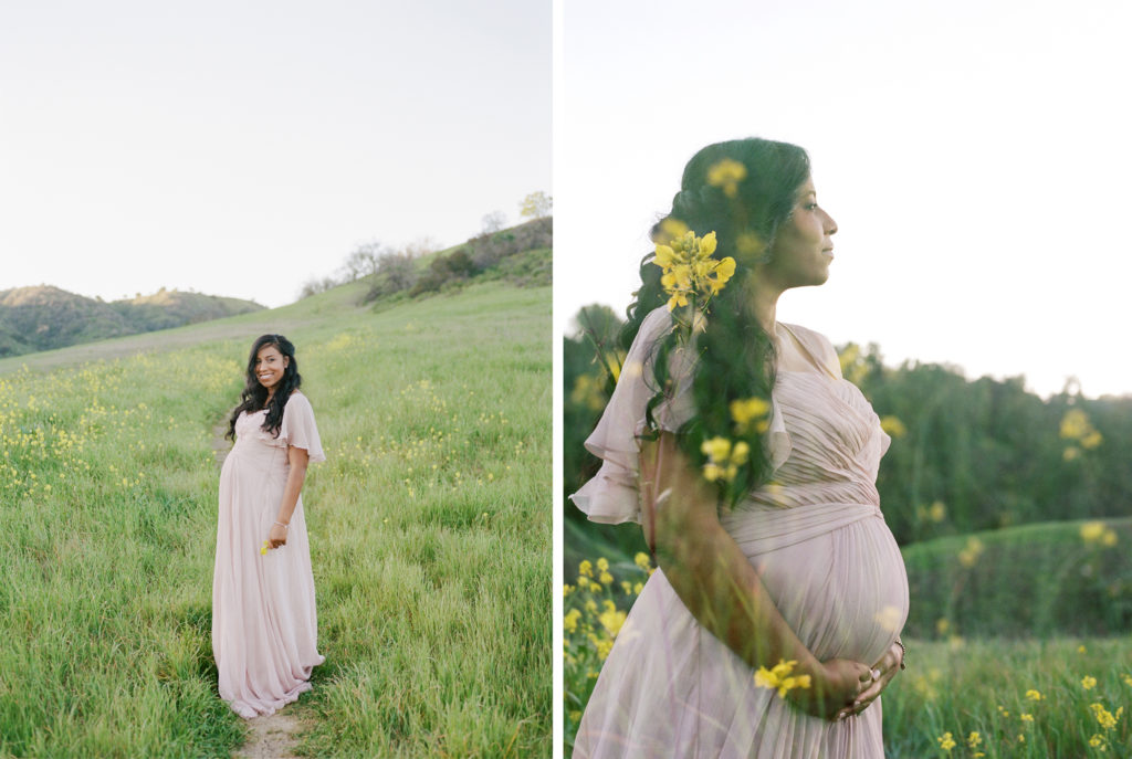 Topanga photography : Pregnant woman in mountain landscape with flowers, double exposure shot on film