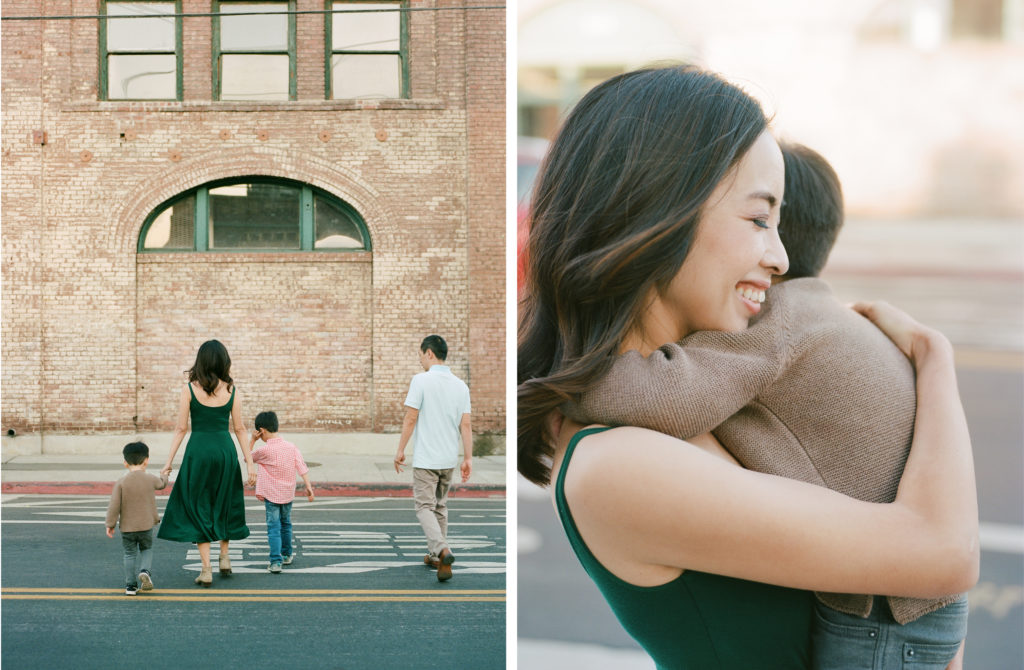 diptych of mother hugging son and smiling and family crossing the street from behind and holding hands