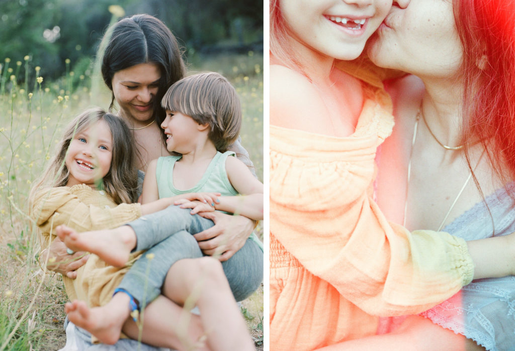 mother and kids in a flowery field