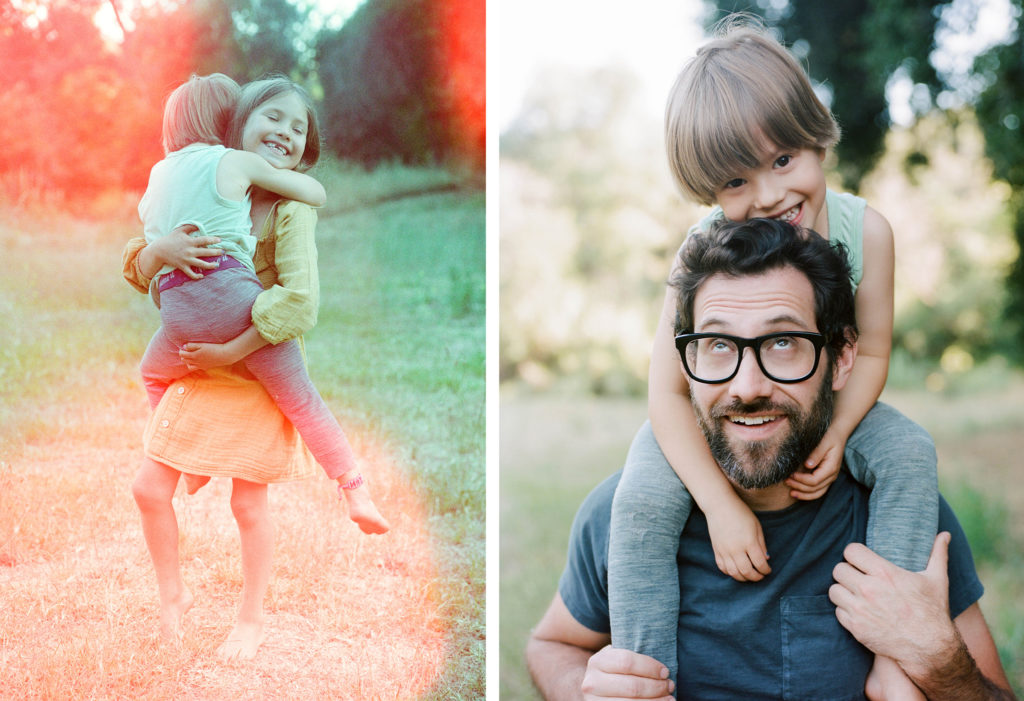 Dyptich on kid on dads shoulders and sister carrying younger sibling