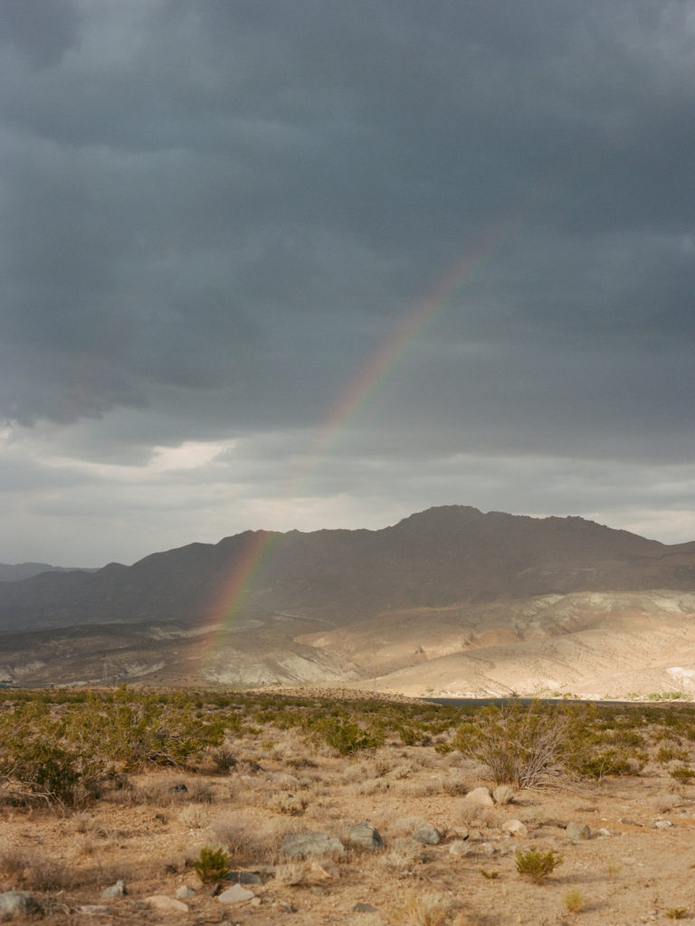 A rainbow in the sky.