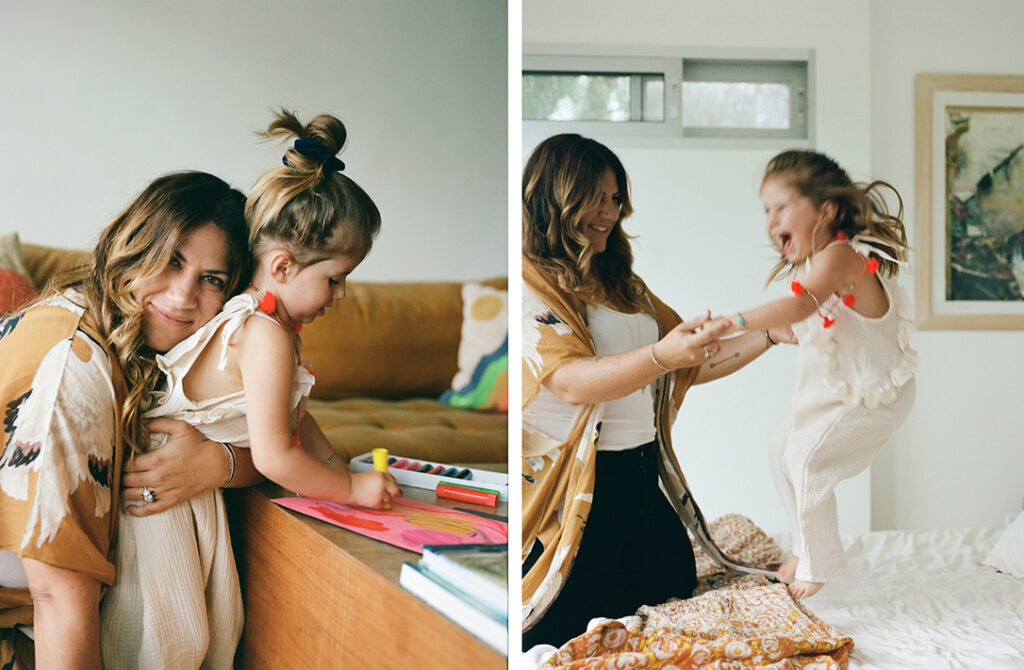 diptych of mom and daughter playing at home coloring and jumping on bed