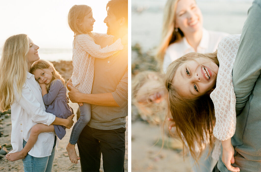 family of 4 playing in at the beach in golden light