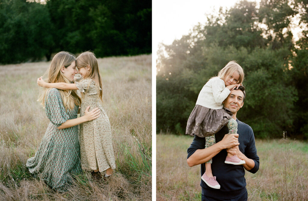 Two pictures of a family in a field holding their daughter.