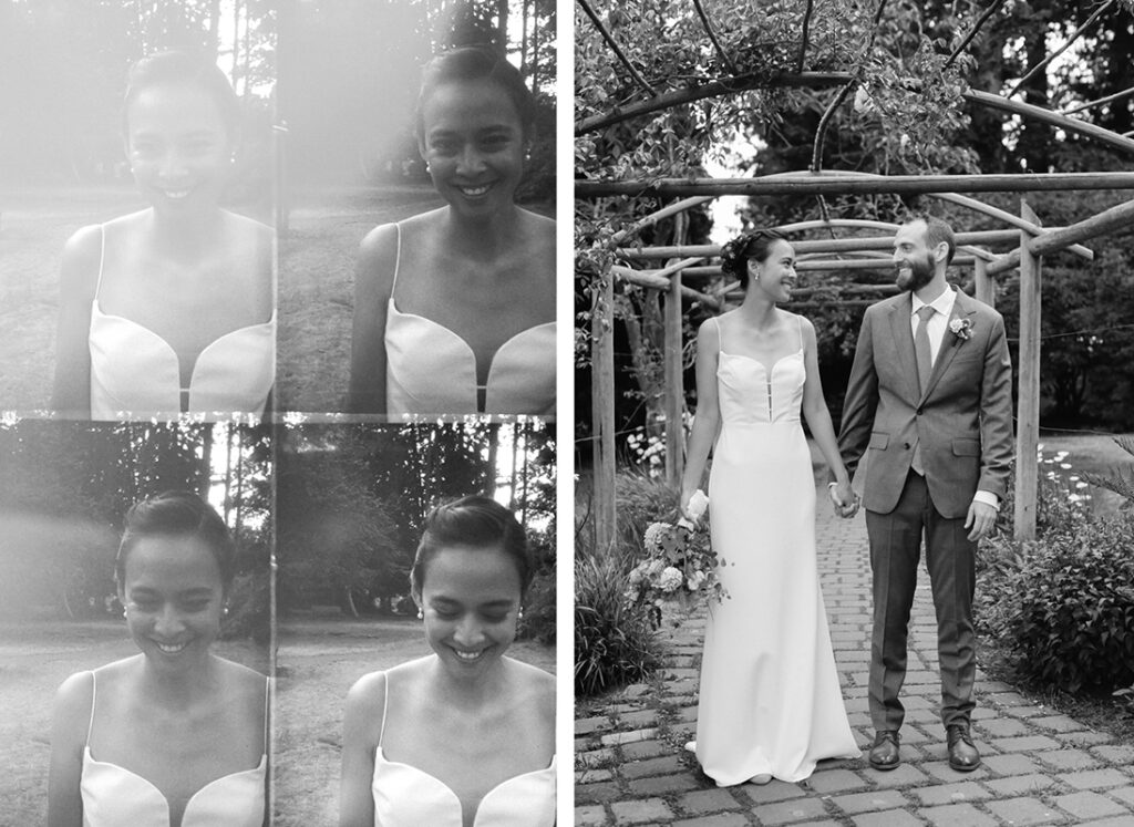 Four photos of a bride and groom in front of a gazebo.