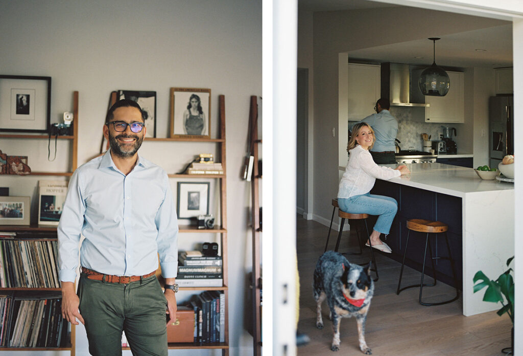 Two pictures of a man and a woman standing in front of a kitchen.