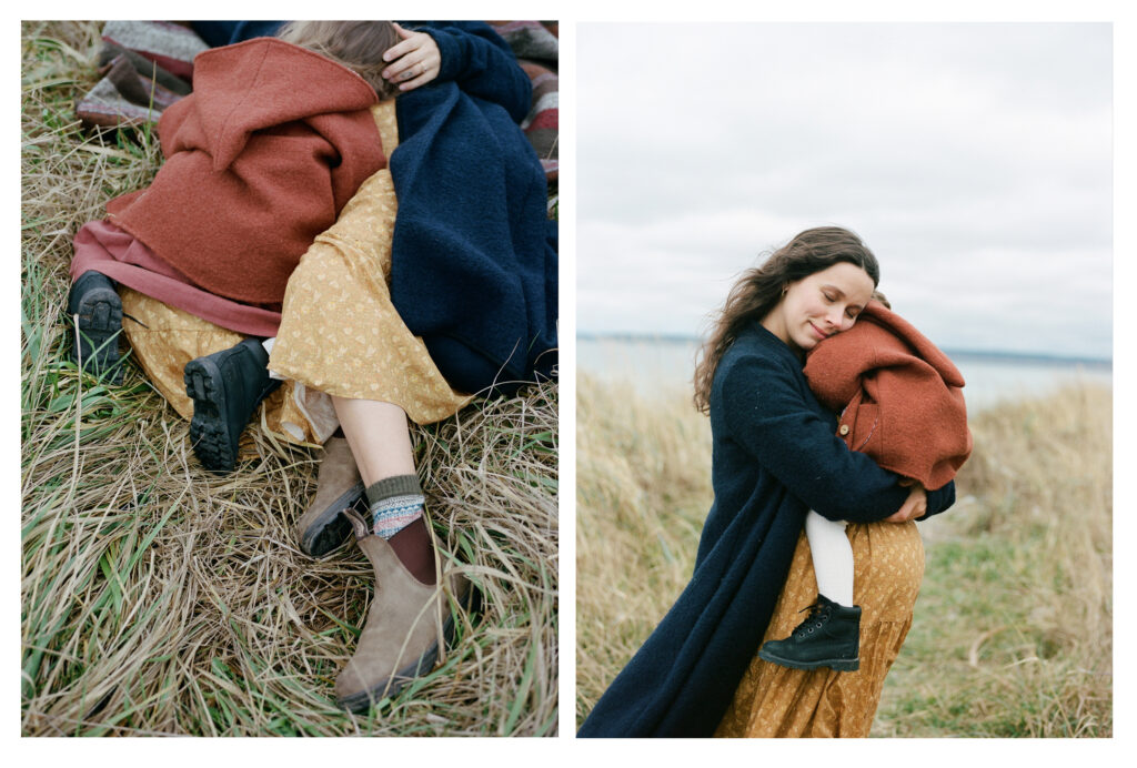 Two pictures of a woman hugging a baby in the grass.