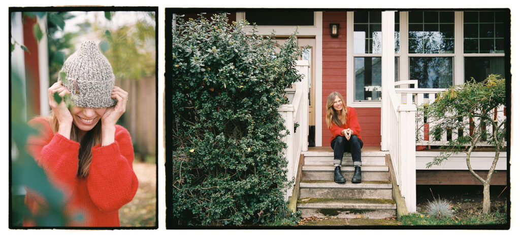 Two pictures of a woman sitting on the steps of a house.