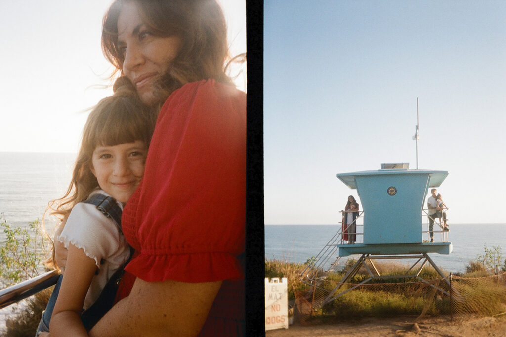 Two pictures of a woman and a child in front of a lifeguard tower.