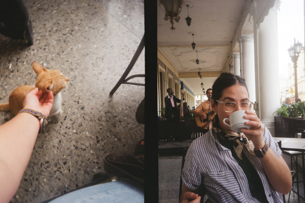 A split image showing a person petting a ginger cat on the left, and a person sitting at a café enjoying a drink on the right.