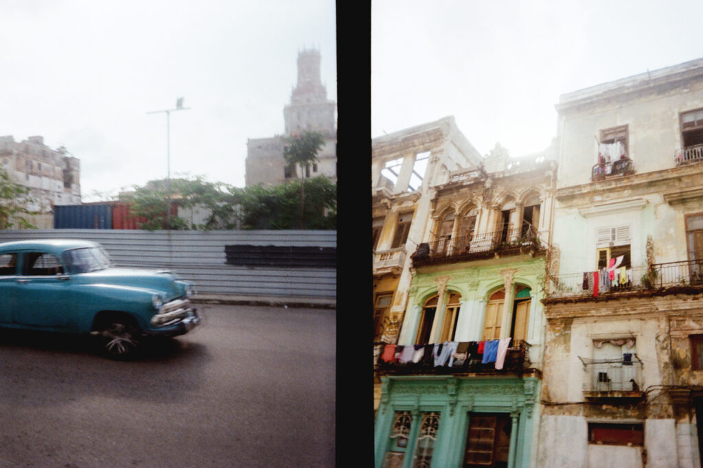 A diptych depicting contrasting urban scenes: on the left, a vintage blue car driving beside a fence in an empty street, and on the right, weathered buildings with balconies draped in laundry.