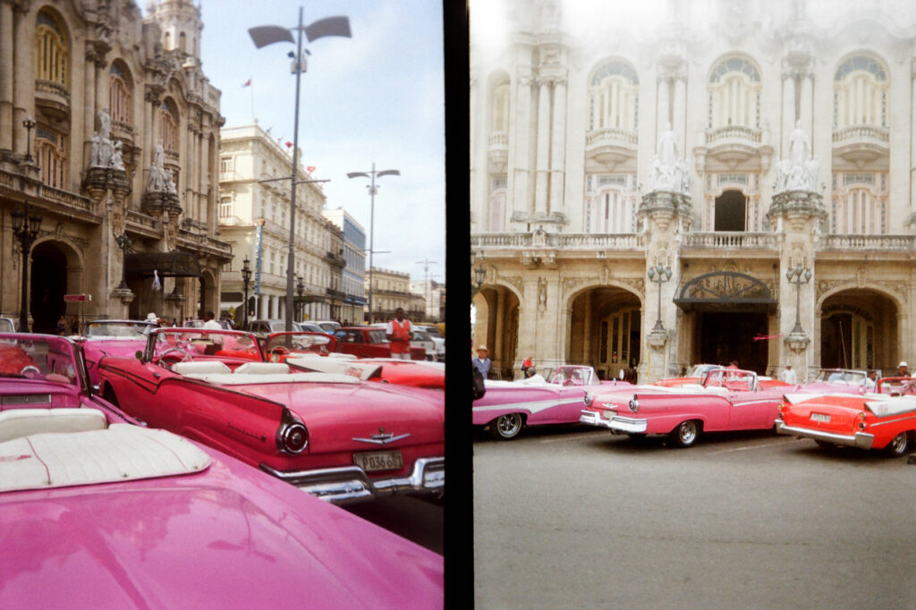 Vintage cars lined up on a city street in front of ornate architecture, captured in a split-frame photograph.