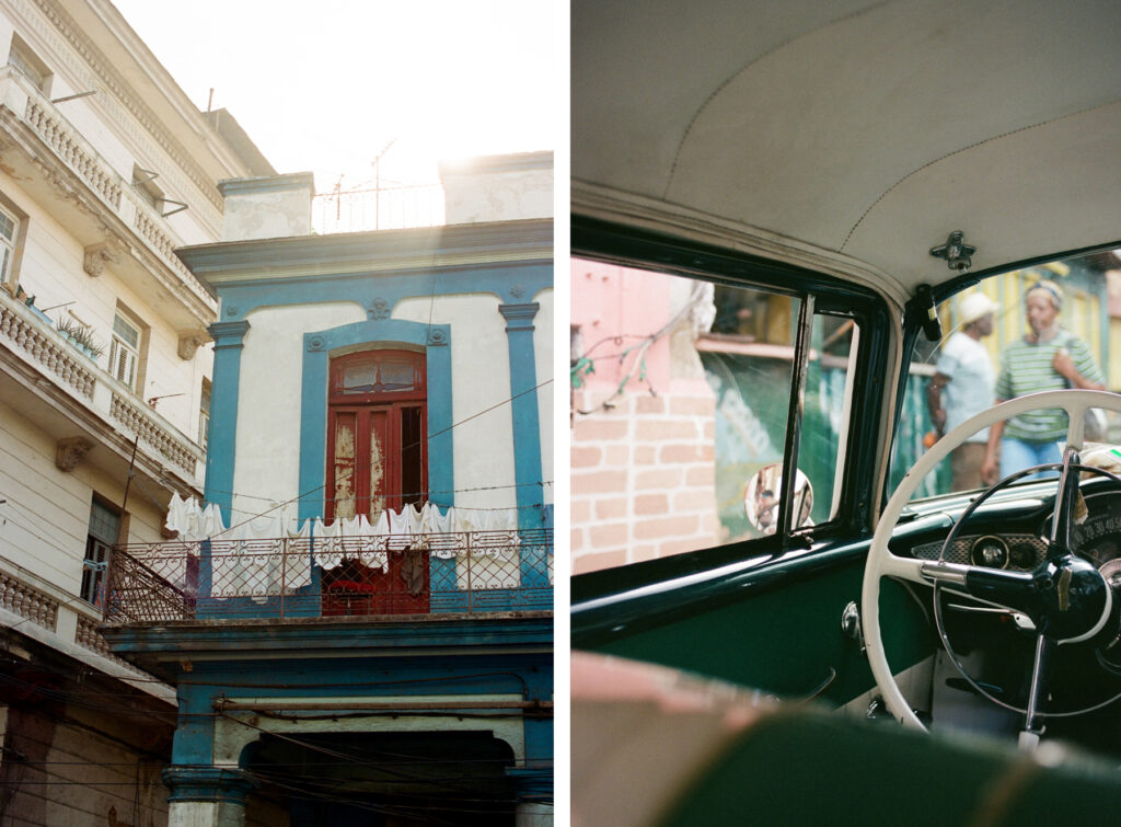 Split-view image of a classic car interior on the right, and a colorful building facade with a balcony on the left.