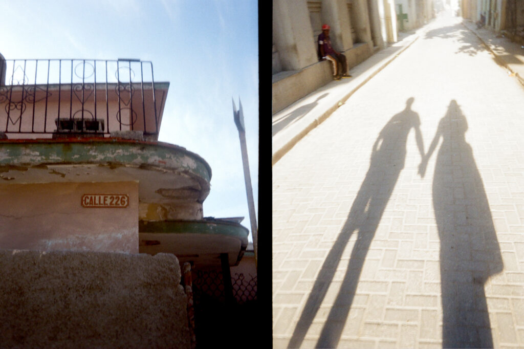 Two halves of a diptych photo showing urban scenes: on the left, a close-up of a building corner with a street sign "calle 226," and on the right, the elongated shadows of two people cast on a sunlit pavement with a bystander in the distance.