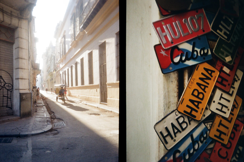 A split-view image showing a sunlit street scene in a city on the left, and a collection of colorful cuban license plates on the right.