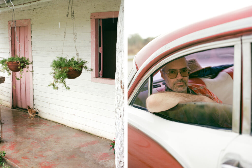 A diptych showing an old white building with potted plants on the left and a man sitting in a vintage car on the right.