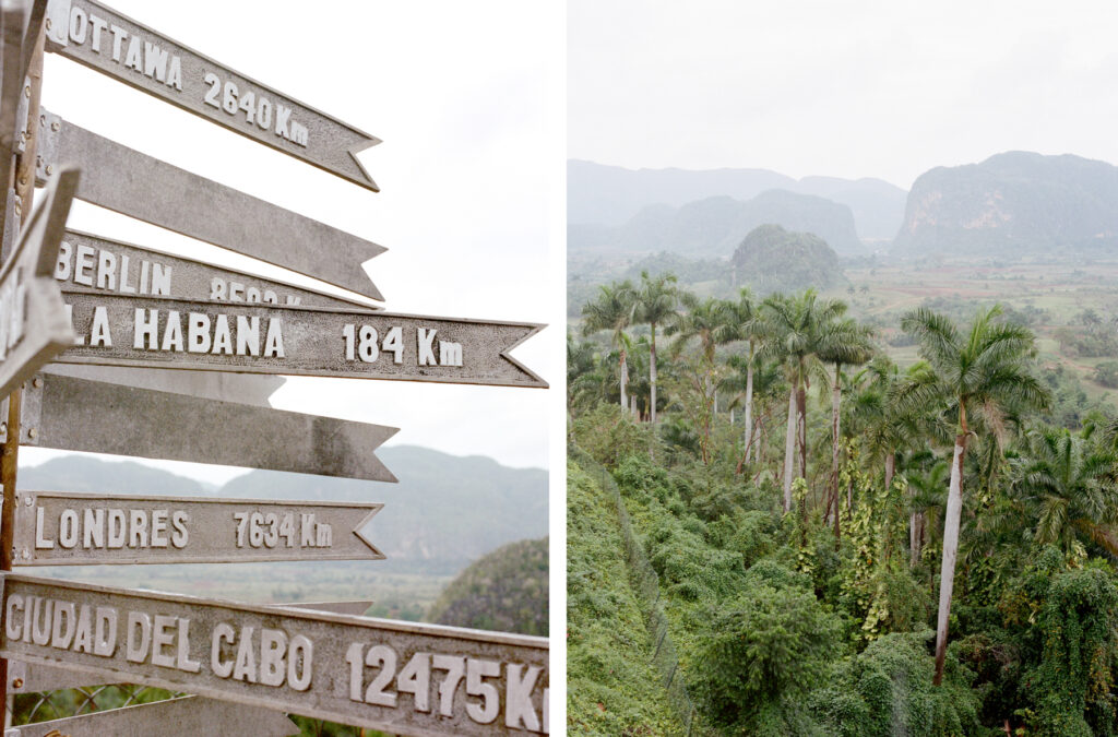 A split-image featuring a distance signpost on the left with directions to various cities, and a tropical landscape with lush greenery and misty mountains on the right.