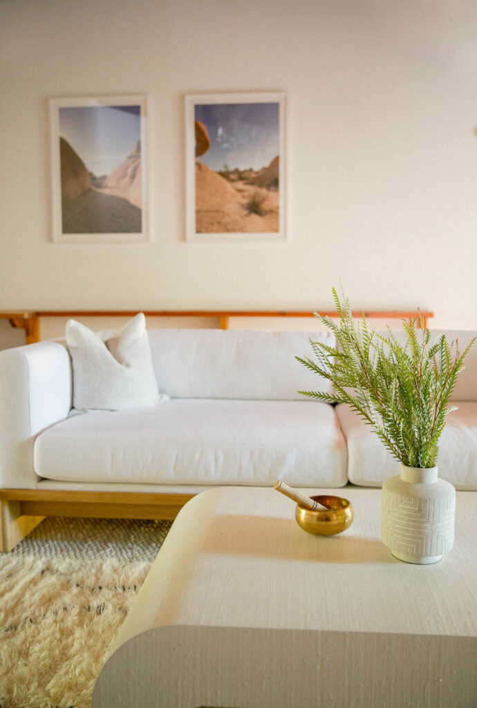A cozy living room featuring a white sofa, a wooden coffee table with a potted plant, a brass bowl, and two framed landscape pictures on the wall.