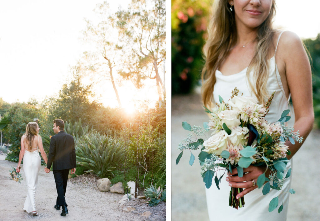 A couple in wedding attire walking hand-in-hand with a sunset backdrop, and a close-up of a bride holding a bouquet.