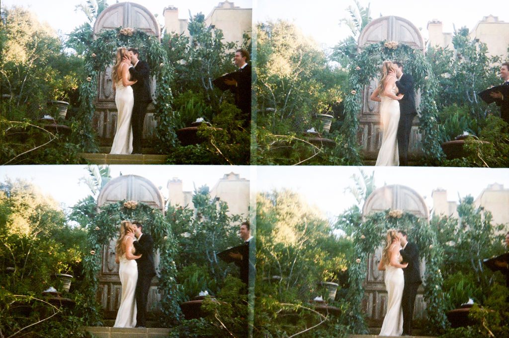 A collage of four photos showing a couple participating in a wedding ceremony outdoors, surrounded by greenery and a rustic archway.