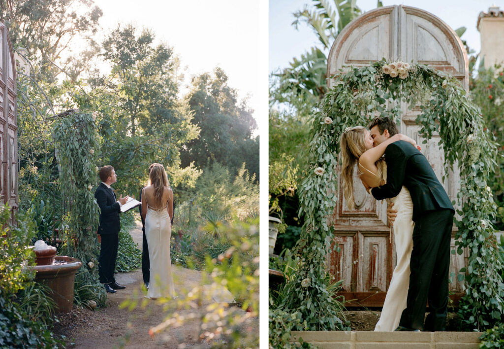 A couple exchanges vows in a garden setting, followed by an embrace next to a floral-adorned vintage door.