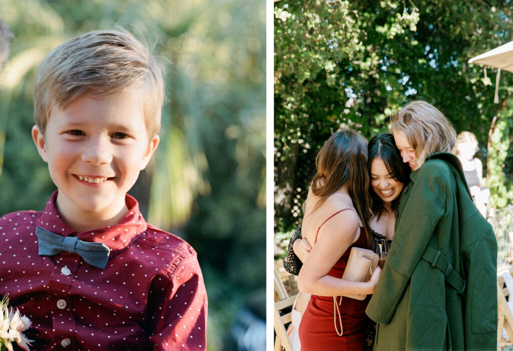 Left: a young boy dressed in a shirt and bow tie smiling at the camera. right: three women embracing and laughing together outdoors.