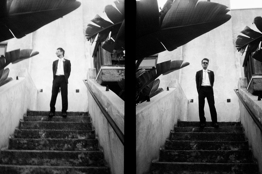 A black and white diptych depicting a man in a suit standing by a staircase with a large plant in the foreground.