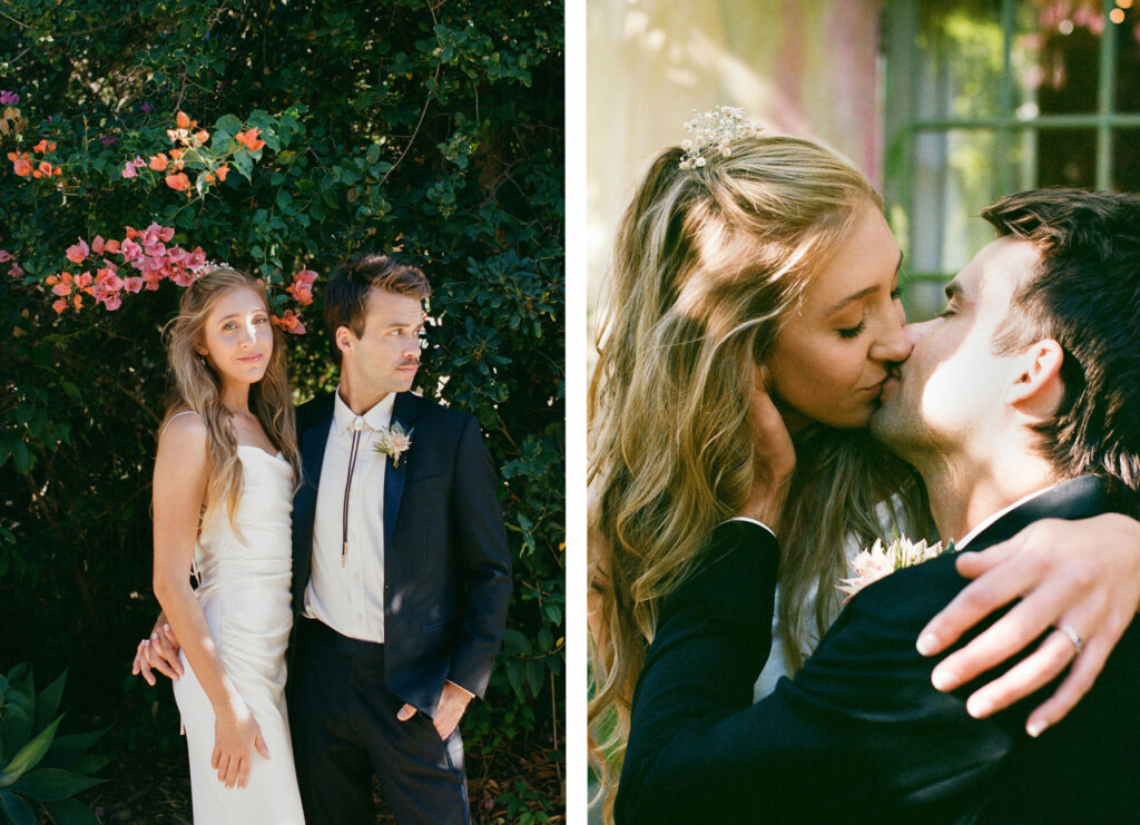 Bride and groom in two scenes: standing beside flowers looking away and sharing a kiss.