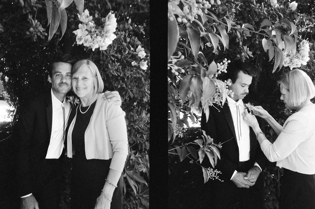 Two black and white photos side by side: on the left, a man and a woman posing and smiling together; on the right, the woman adjusts the man's suit.