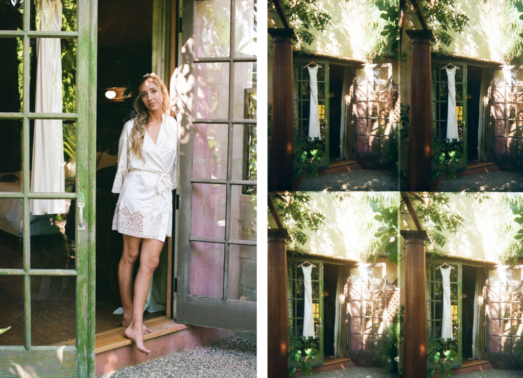 A diptych of a woman standing in a doorway framed by lush greenery.