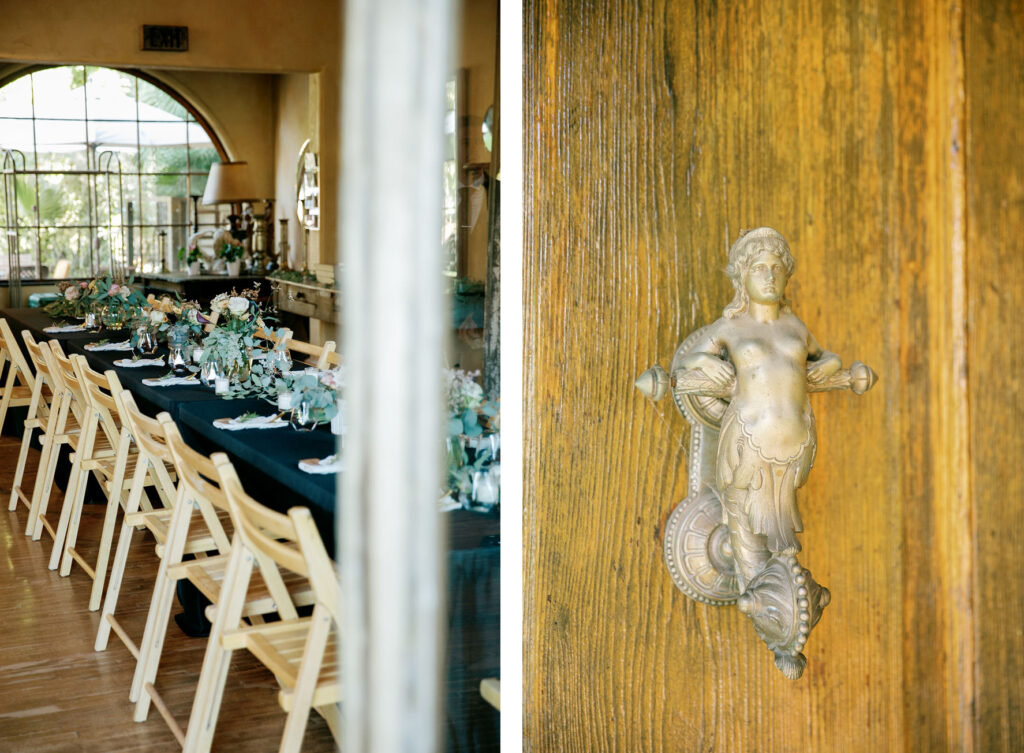 Elegant dining setup with blue accents in a rustic venue and a detailed door knocker on a wooden door.