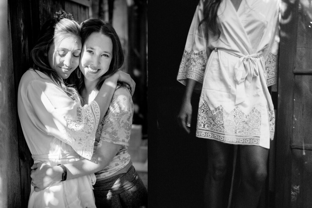Two women embracing and smiling on the left; close-up of a traditional garment on the right, in black and white.