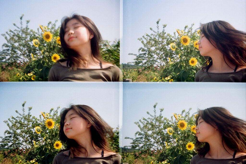 Four-panel image of a woman enjoying the sunshine in a field of sunflowers.