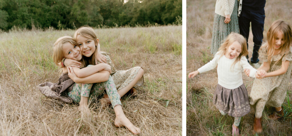 Two images of young girls enjoying outdoor activities; on the left, they are hugging while sitting in a field, and on the right, they are holding hands and running.